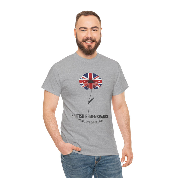 Gray t-shirt by S&amp;W Gallus with a British remembrance poppy design, worn with blue jeans.