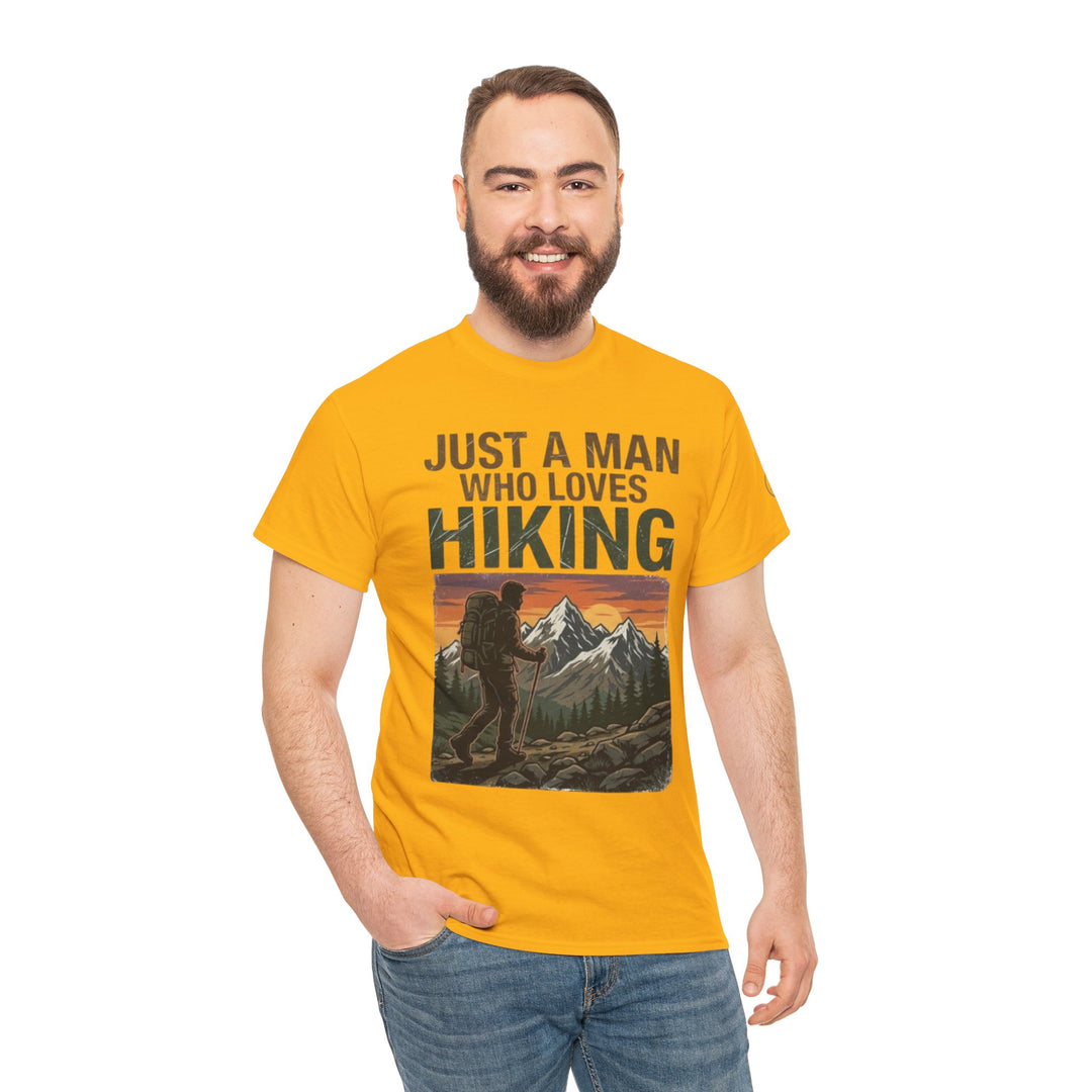 Mustard yellow t-shirt with hiking graphic, by Veteran owned, worn with jeans on a white background.

