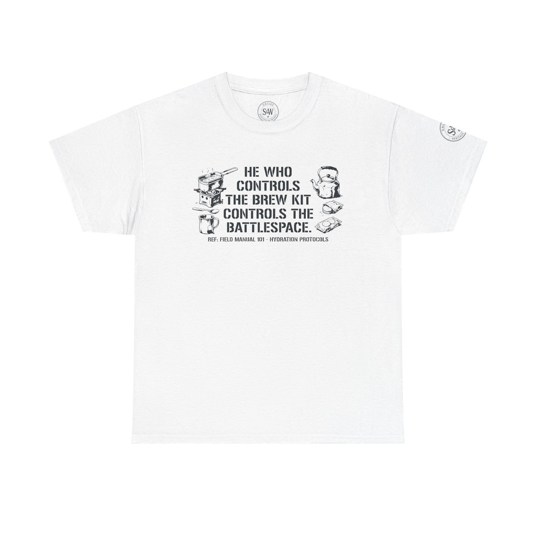 White t-shirt with a graphic by S&amp;W Gallus, featuring a brew kit and humorous text.
