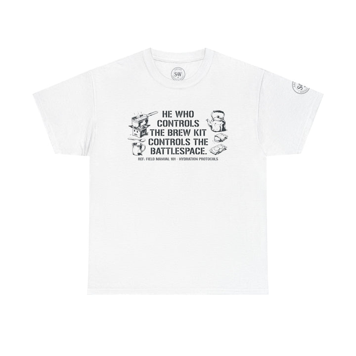 White t-shirt with a graphic by S&amp;W Gallus, featuring a brew kit and humorous text.
