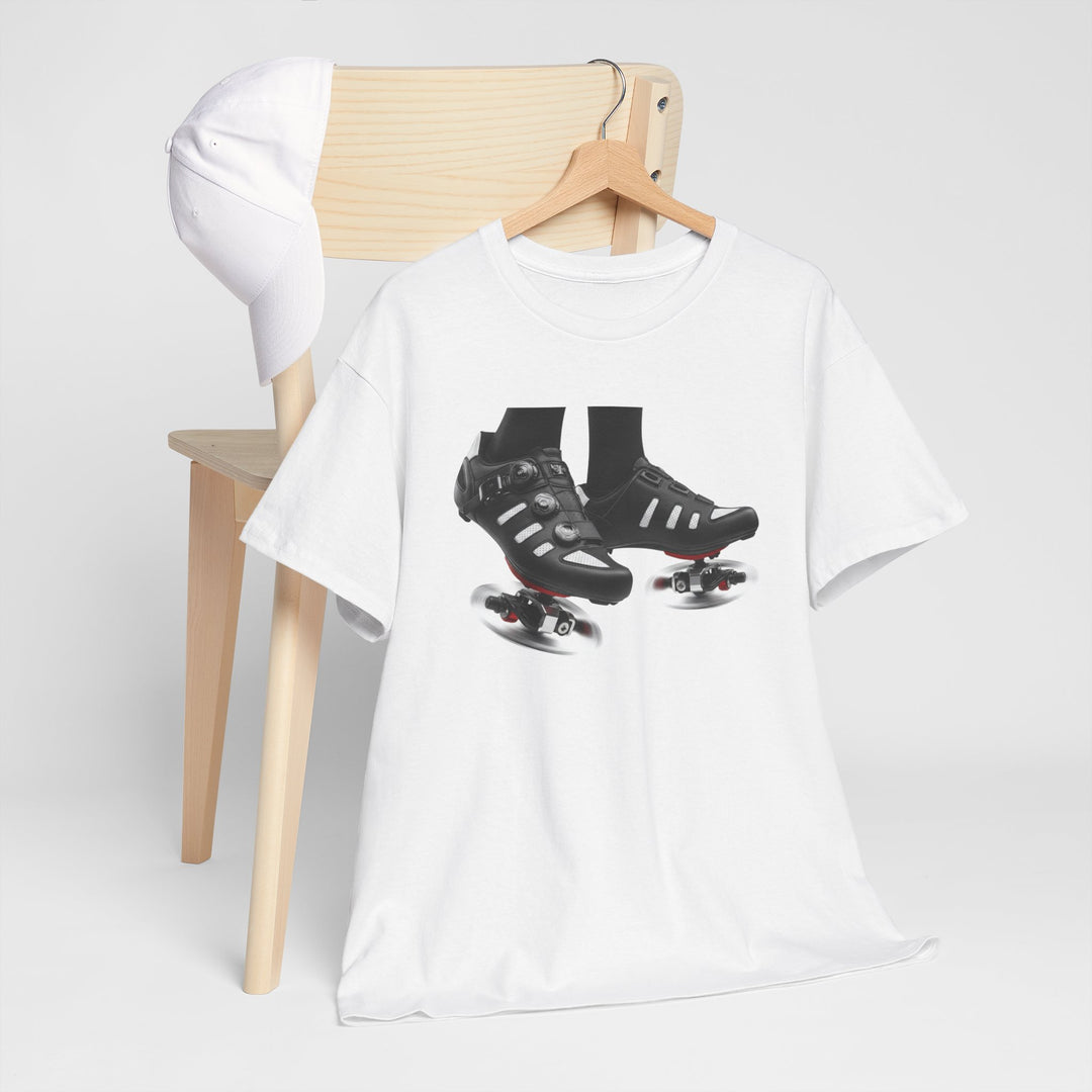 Spin Shoes Tee – soft, breathable cotton featuring a cycling shoes graphic. Perfect for spin classes, indoor workouts, and casual activewear.