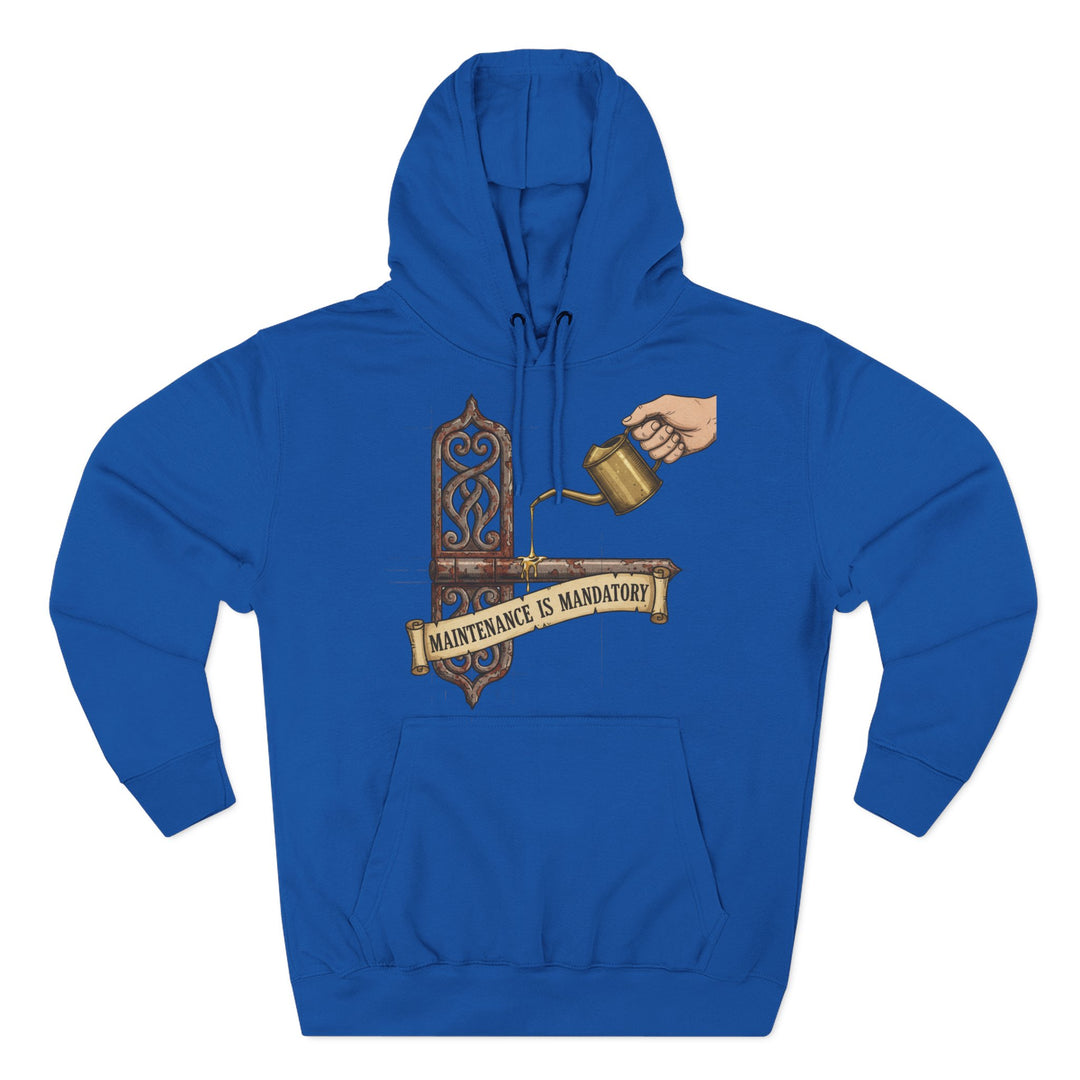 Blue hoodie by S&amp;W Gallus with a hinge and hand pouring oil graphic on the front.