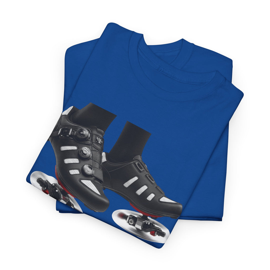 Spin Shoes Tee – soft, breathable cotton featuring a cycling shoes graphic. Perfect for spin classes, indoor workouts, and casual activewear.
