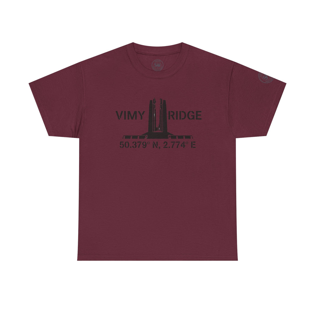 Burgundy t-shirt by S&amp;W Gallus featuring a graphic of the Vimy Ridge monument and its coordinates.