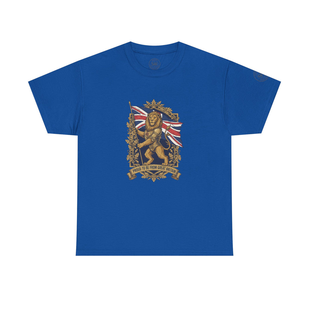 Blue t-shirt by S&amp;W Gallus featuring a British lion crest with the Union Jack and "Proud to be from Great Britain".