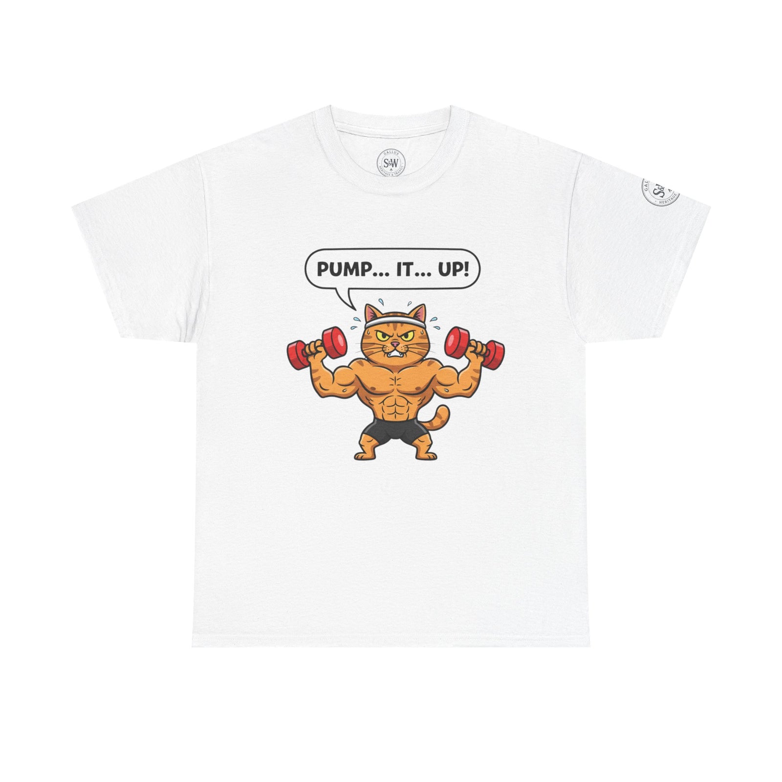 White T-shirt with muscular cartoon cat by S&W Gallus, lifting weights with "Pump...It...Up!" text.