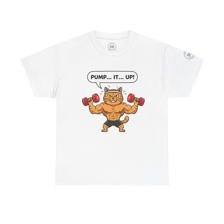 White T-shirt with muscular cartoon cat by S&amp;W Gallus, lifting weights with "Pump...It...Up!" text.