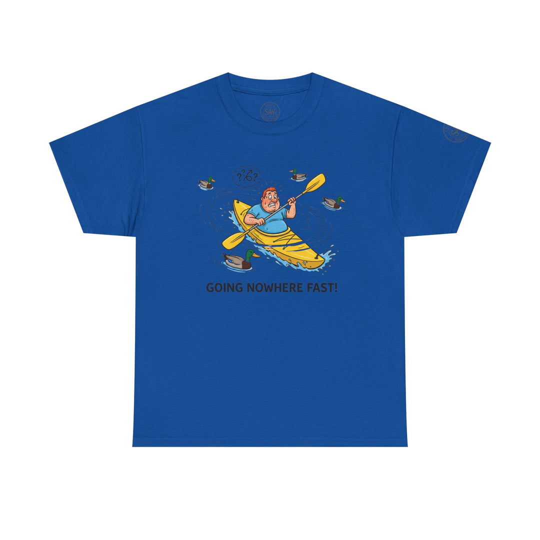 Blue t-shirt by S&amp;W Gallus, featuring a cartoon man in a kayak going in circles among ducks.