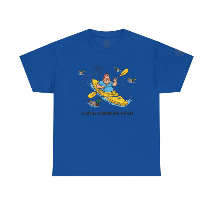 Blue t-shirt by S&amp;W Gallus, featuring a cartoon man in a kayak going in circles among ducks.