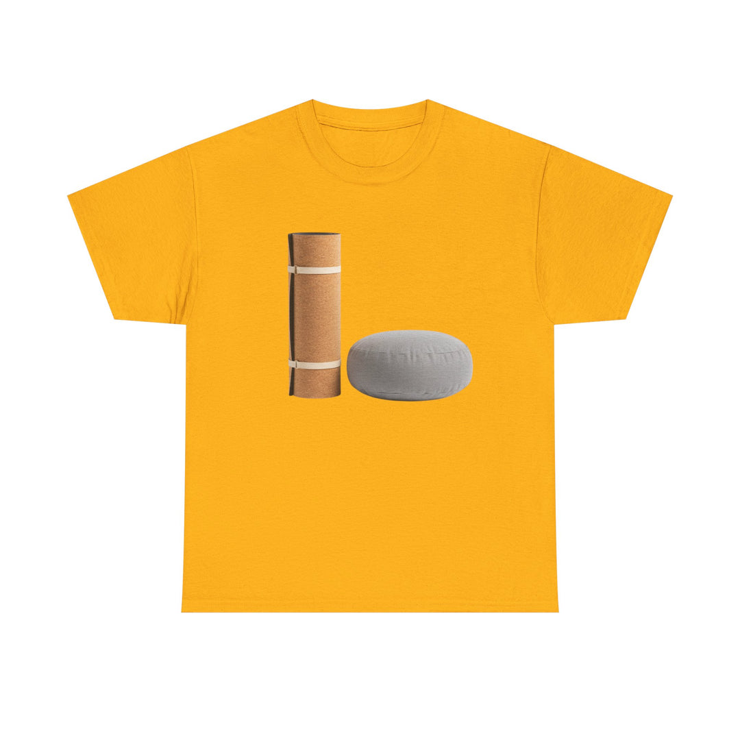 Mat &amp; Meditation Cushion Tee – soft, breathable cotton featuring a yoga-inspired design. Perfect for meditation, studio practice, or mindful everyday wear.