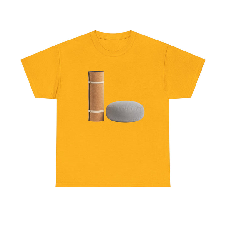 Mat &amp; Meditation Cushion Tee – soft, breathable cotton featuring a yoga-inspired design. Perfect for meditation, studio practice, or mindful everyday wear.