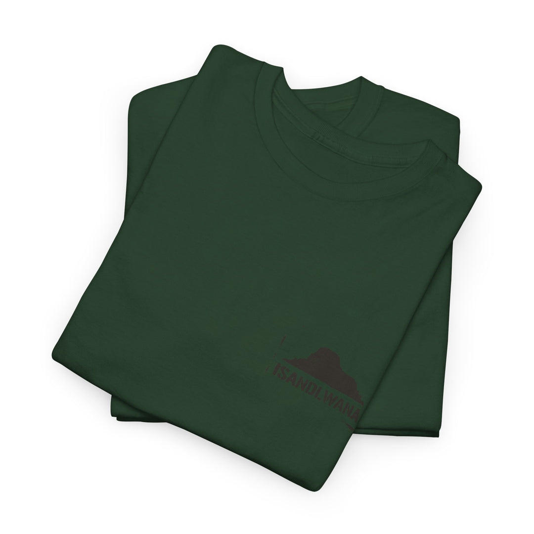 Minimal Rorke’s Drift landscape tee with “Isandlwana Over My Heart” design. Subtle Anglo-Zulu War tribute for true history enthusiasts.