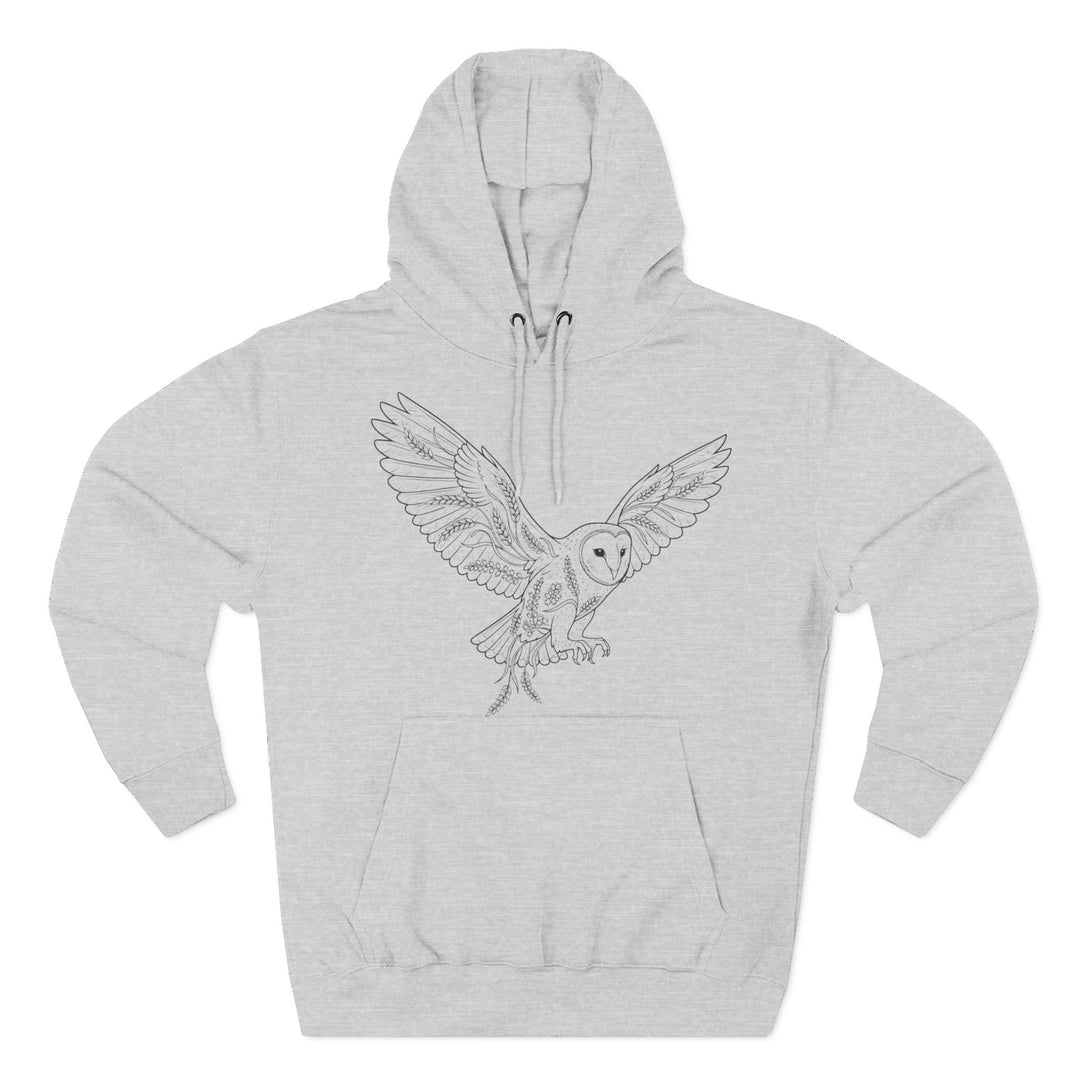 Gray hoodie by S&amp;W Gallus featuring a barn owl illustration with wheat and floral patterns.
