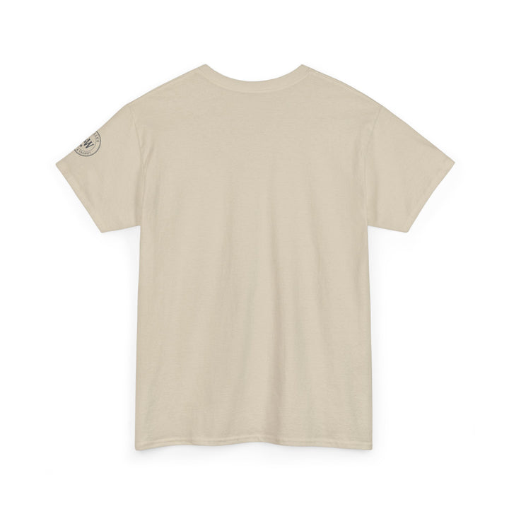 Khaki t-shirt by S&amp;W Gallus with a logo printed on the left sleeve, laid flat.