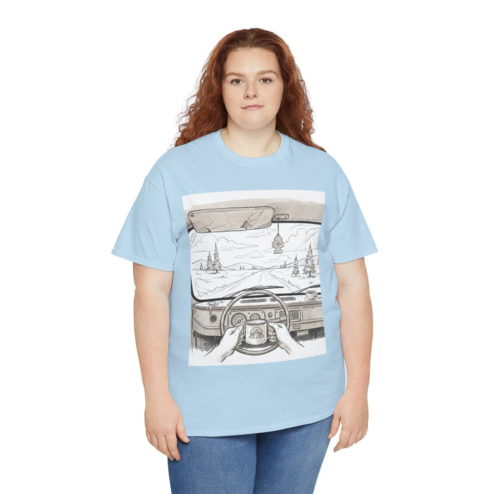 Scenic Drive Van Illustration Tee – soft cotton with a detailed van and landscape design. Perfect for road trips, outdoor adventures, and casual wear.