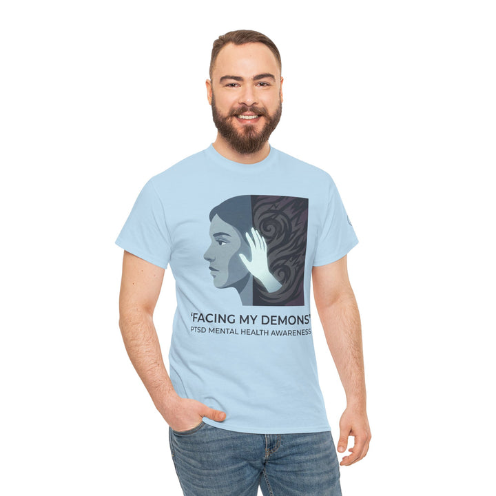 Light blue T-shirt with a mental health awareness graphic, from Veteran owned, worn with jeans.
