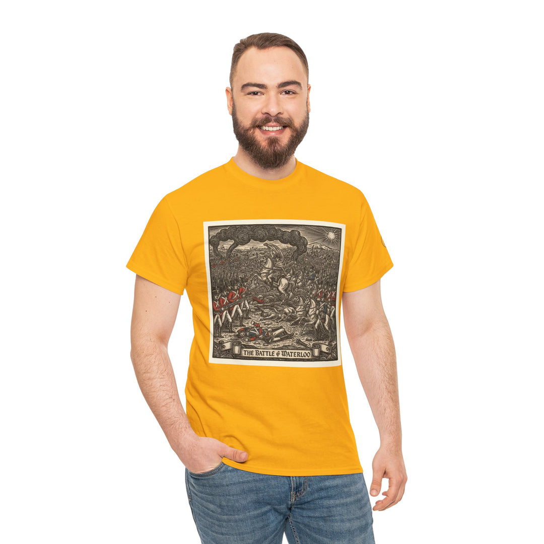 Yellow graphic T-shirt from S&amp;W Gallus, featuring a vintage illustration of the Battle of Waterloo.