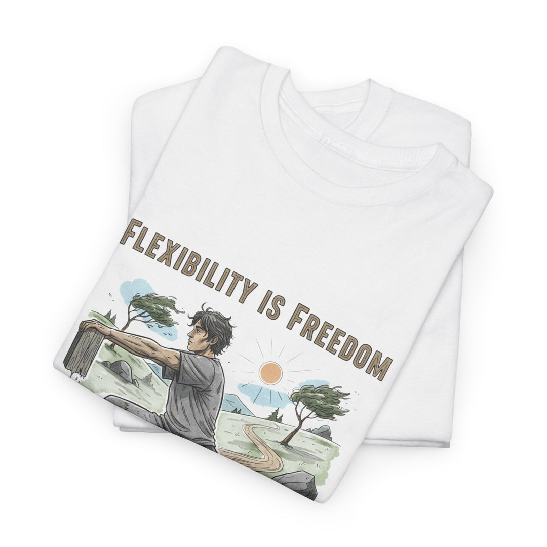 Flexibility Is Freedom Tee – soft, breathable cotton featuring a motivational design. Perfect for yoga, Pilates, stretching, or casual active lifestyle wear.