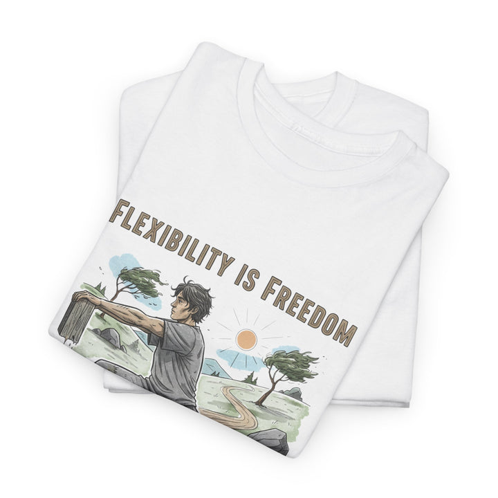 Flexibility Is Freedom Tee – soft, breathable cotton featuring a motivational design. Perfect for yoga, Pilates, stretching, or casual active lifestyle wear.