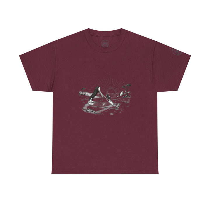 Maroon t-shirt by S&amp;W Gallus displaying a graphic of person doing yoga, with sun and trees.