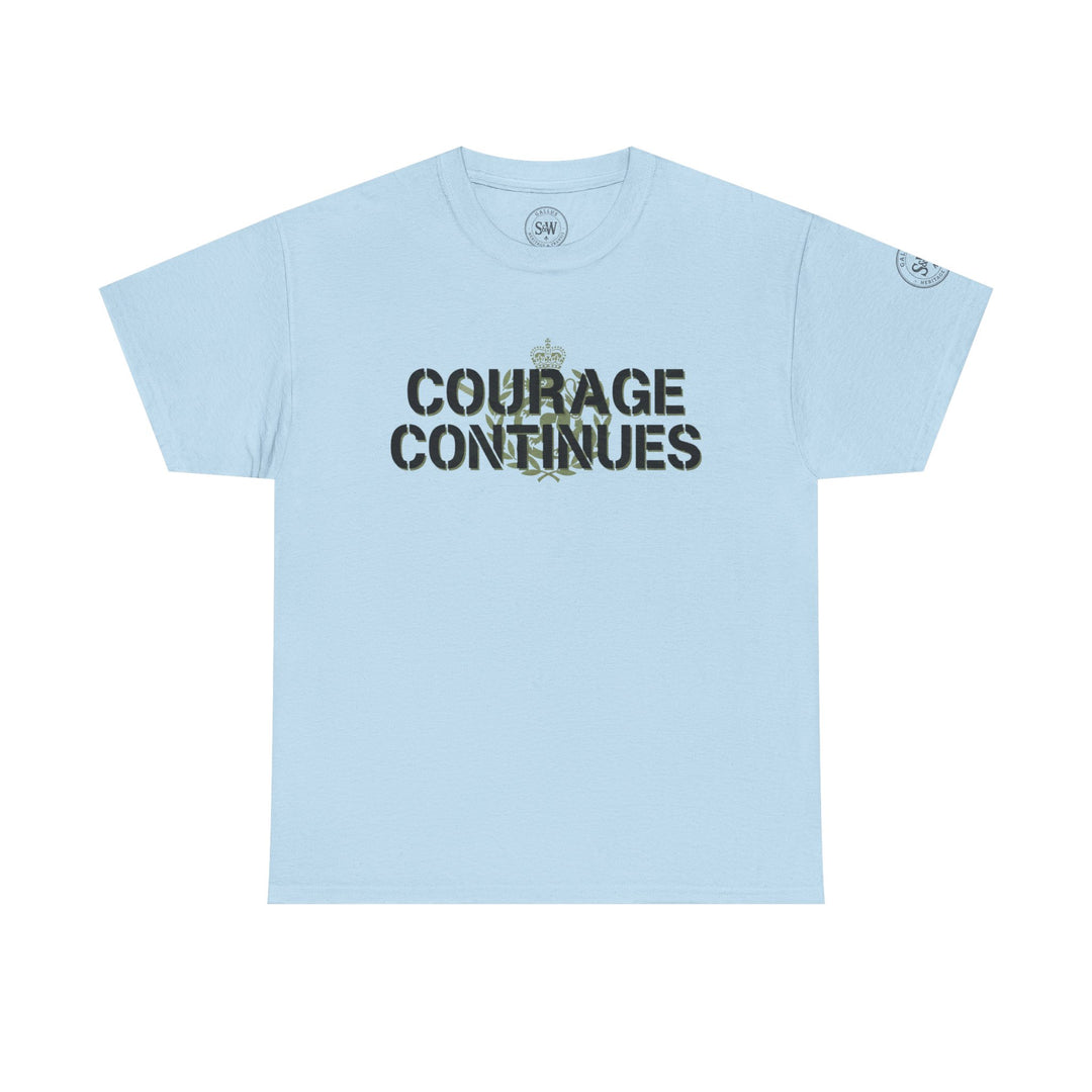 Light blue t-shirt by S&amp;W Gallus with "Courage Continues" text and decorative crown graphic on the front.
