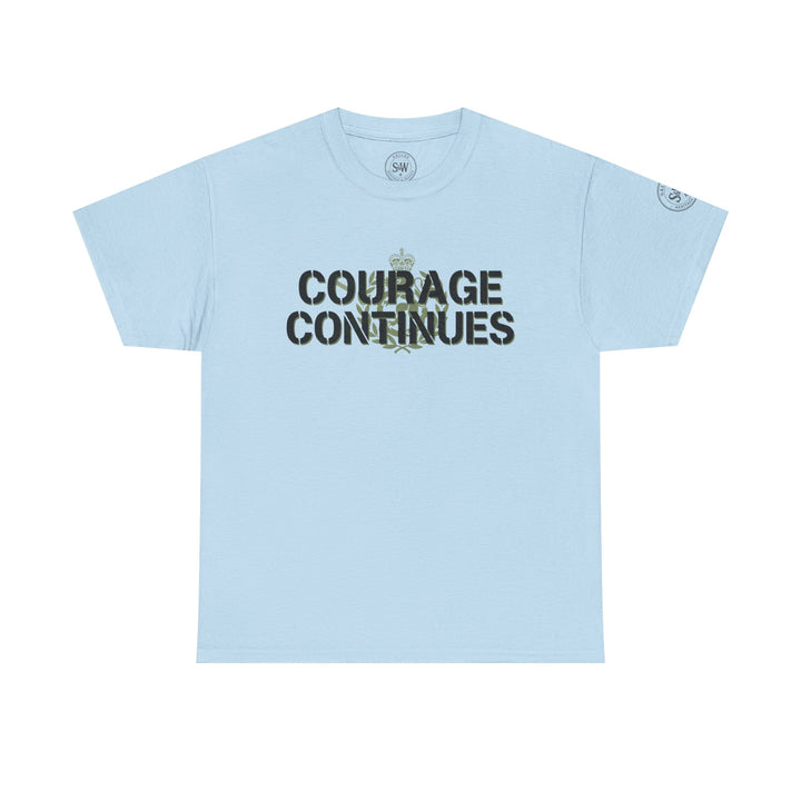 Light blue t-shirt by S&amp;W Gallus with "Courage Continues" text and decorative crown graphic on the front.