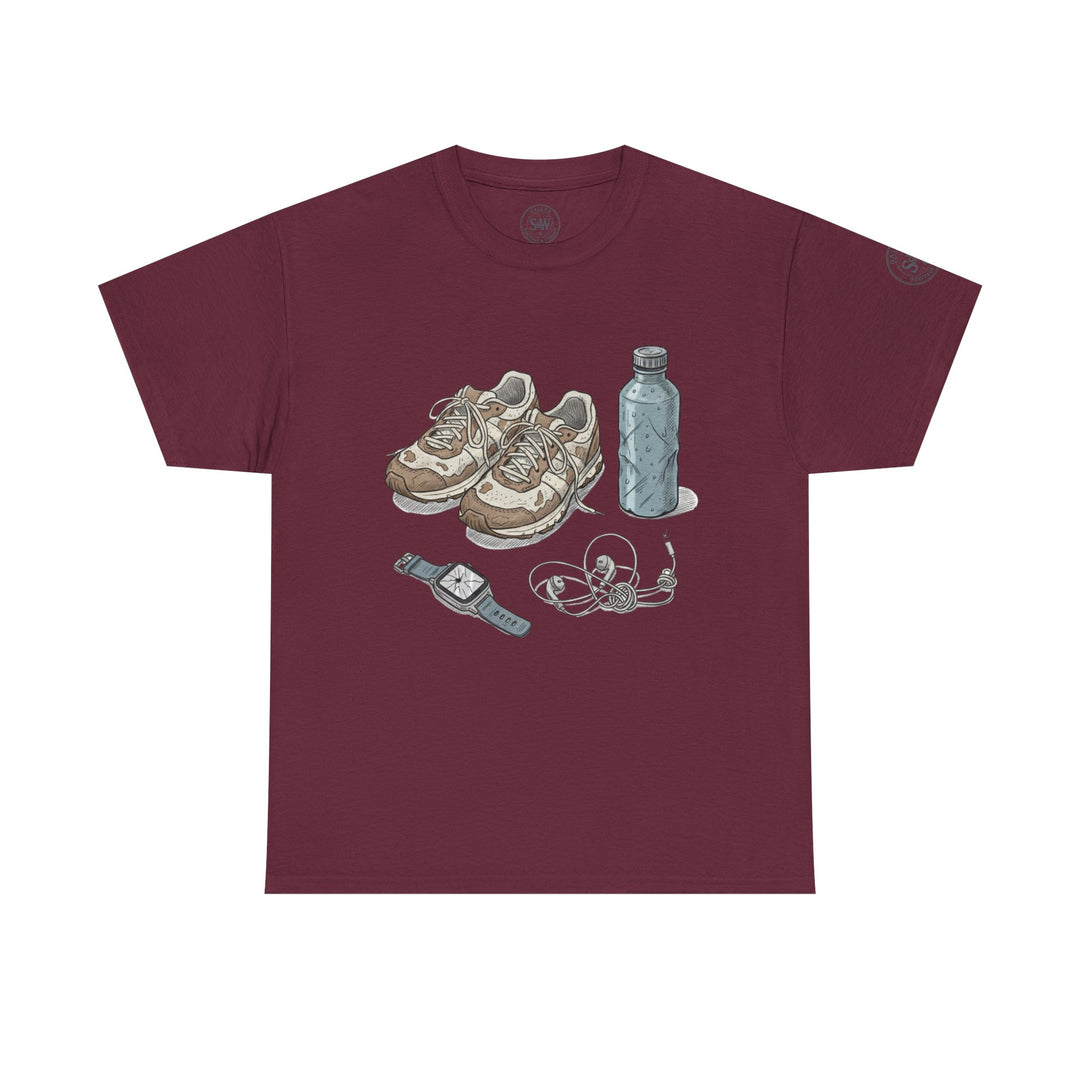 Burgundy T-shirt by S&amp;W Gallus with a graphic of running shoes, a water bottle, watch, and earphones on the front.