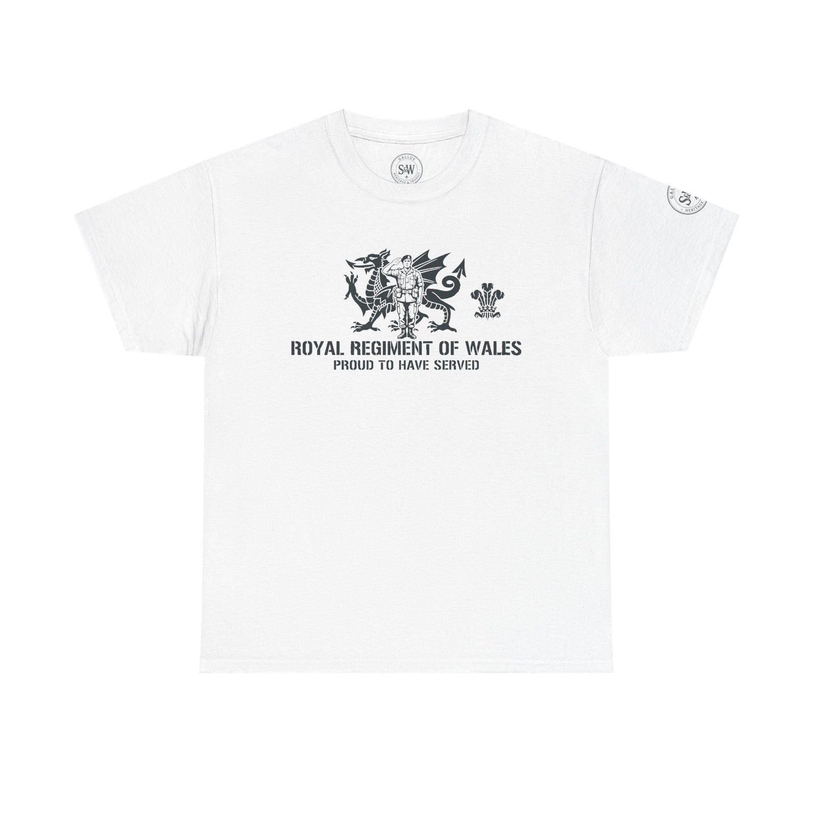 White Royal Regiment of Wales t-shirt by S&W Gallus, featuring a dragon crest graphic and military lettering.