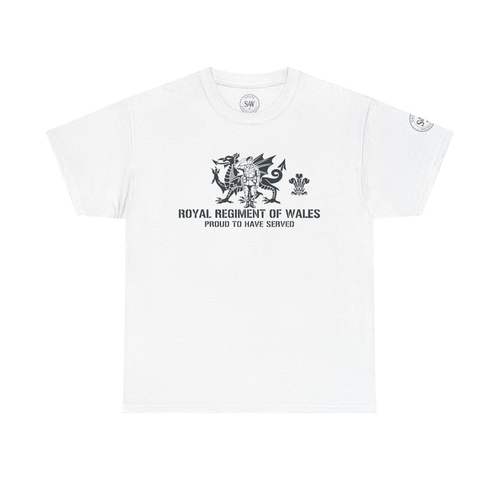 White Royal Regiment of Wales t-shirt by S&amp;W Gallus, featuring a dragon crest graphic and military lettering.