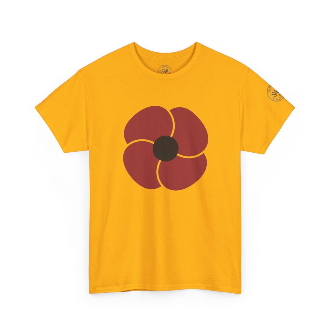 Golden yellow t-shirt by S&amp;W Gallus featuring a dark red flower with black center.