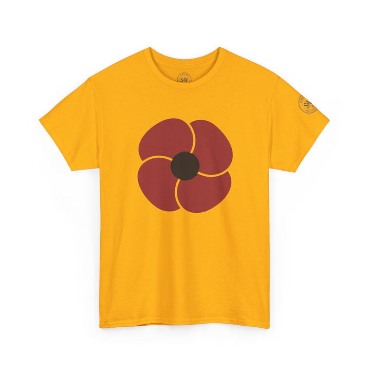 Golden yellow t-shirt by S&amp;W Gallus featuring a dark red flower with black center.