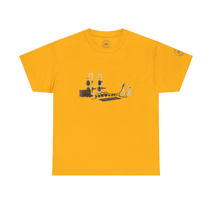 Mustard yellow t-shirt by S&amp;W Gallus, featuring a circuit set graphic on the chest.