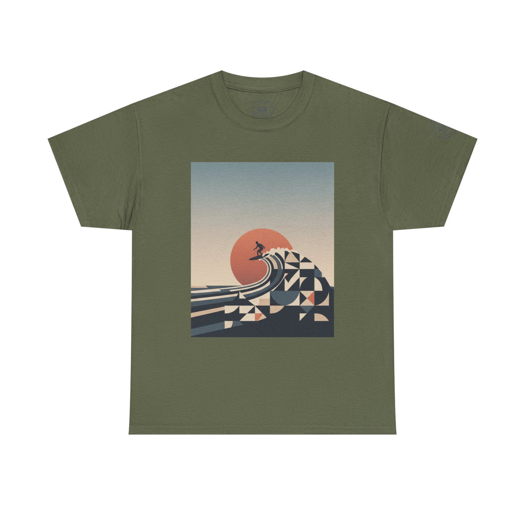 Green t-shirt by S&amp;W Gallus with a surfer on a stylized wave and sunset graphic.