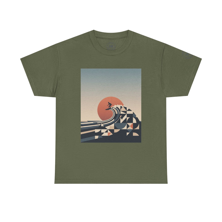 Green t-shirt by S&amp;W Gallus with a surfer on a stylized wave and sunset graphic.