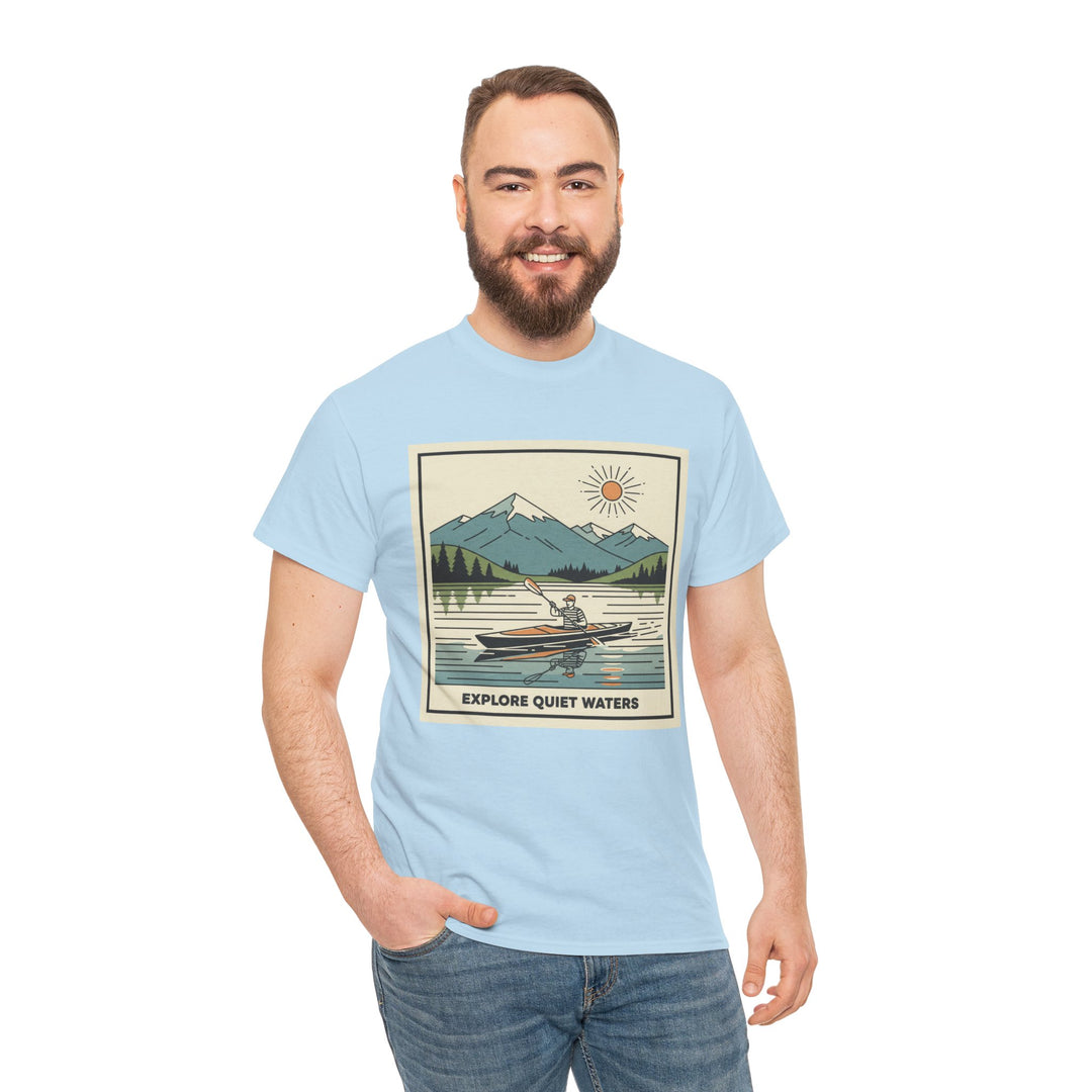 Light blue t-shirt by S&amp;W Gallus with graphic print of mountain landscape and kayaker, worn with blue jeans.