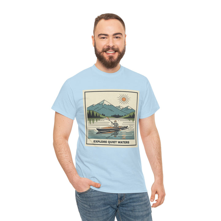 Light blue t-shirt by S&amp;W Gallus with graphic print of mountain landscape and kayaker, worn with blue jeans.