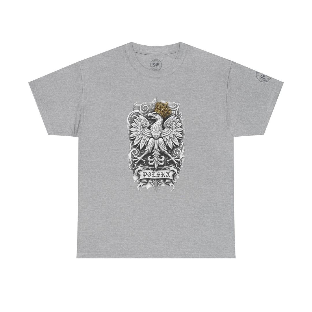 Gray t-shirt by S&amp;W Gallus, featuring the crowned white eagle and "Polska" inscription on the front.