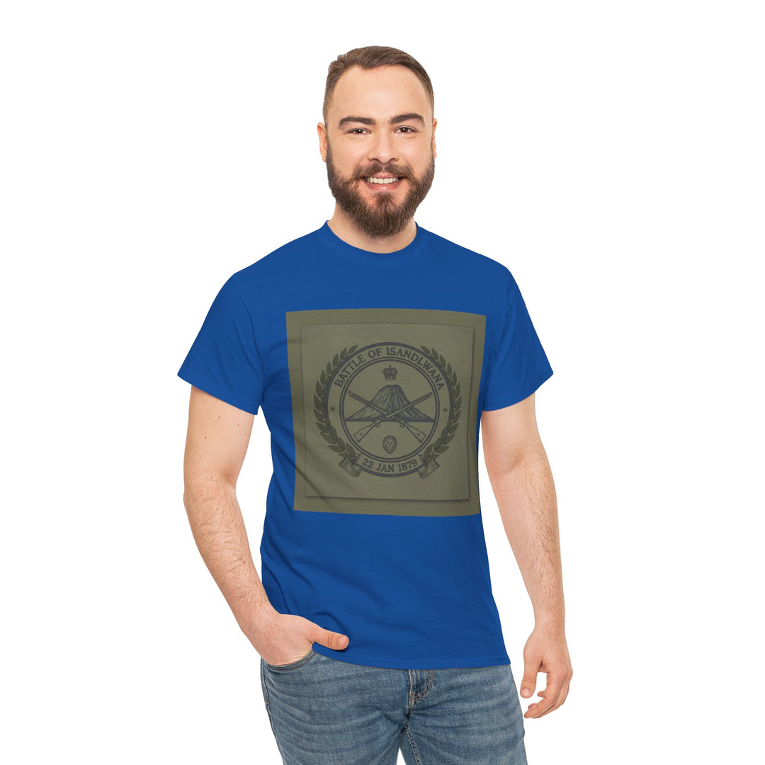 Isandlwana vintage military emblem crewneck T-shirt. Heritage graphic design inspired by historic battlefield legacy.