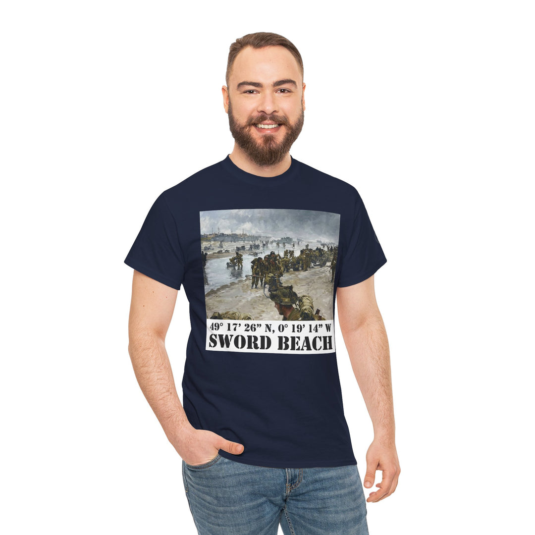 Navy t-shirt by Veteran owned, featuring a "Sword Beach" graphic with coordinates; worn with jeans.
