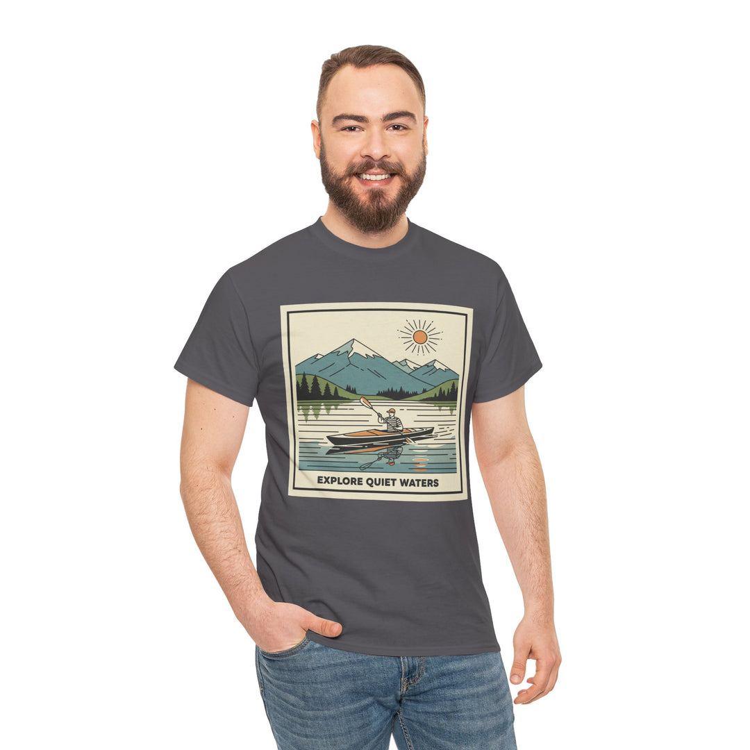 Gray t-shirt by S&amp;W Gallus with a kayaking graphic, worn with jeans by a smiling model.