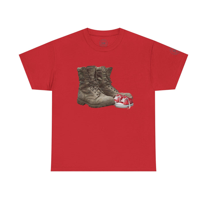 Red t-shirt by S&amp;W Gallus with a print of military boots and baby sneakers.