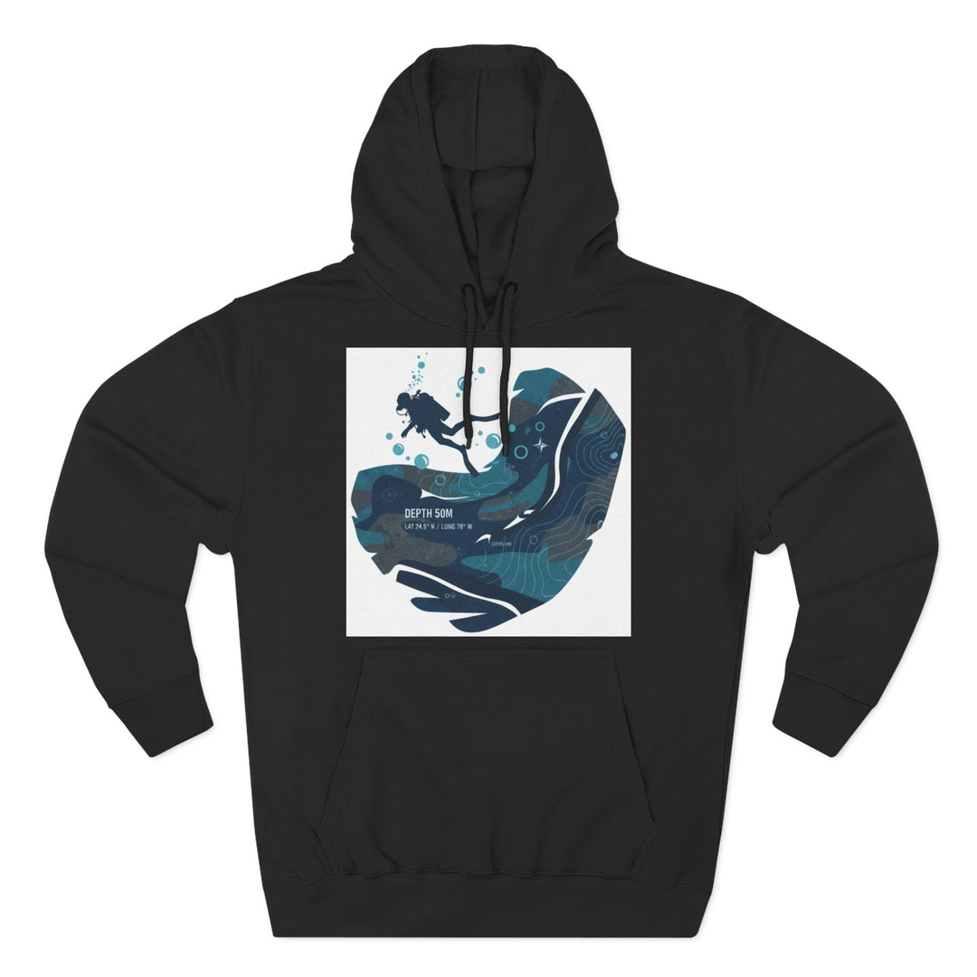 Black hoodie by S&amp;W Gallus with a scuba diver graphic and nautical coordinates.