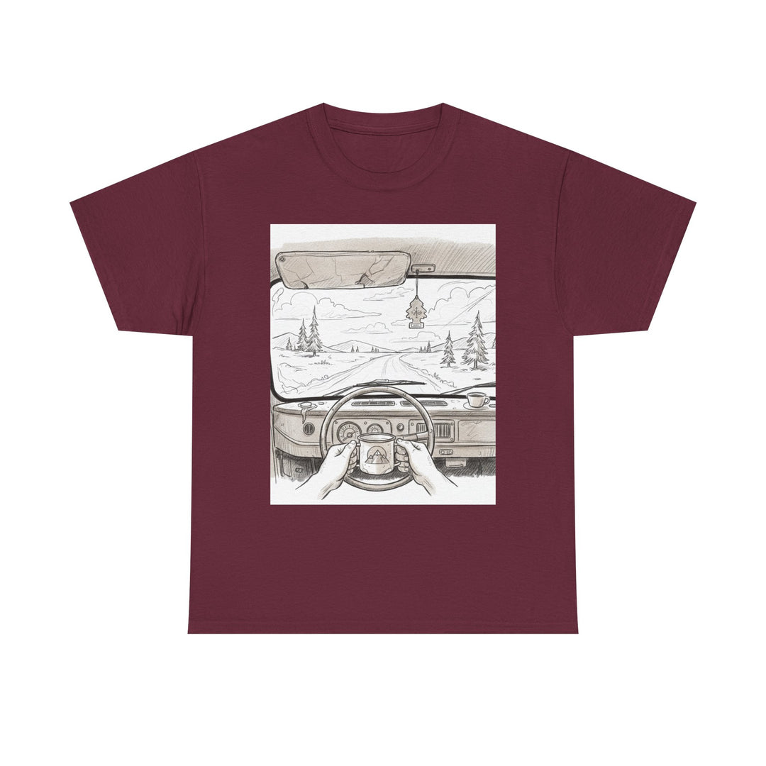 Scenic Drive Van Illustration Tee – soft cotton with a detailed van and landscape design. Perfect for road trips, outdoor adventures, and casual wear.