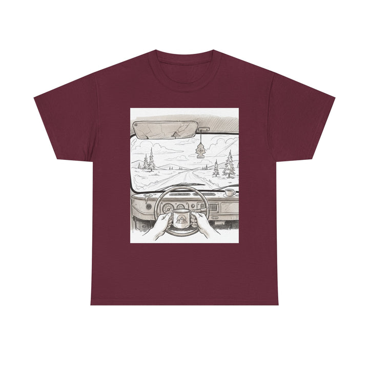 Scenic Drive Van Illustration Tee – soft cotton with a detailed van and landscape design. Perfect for road trips, outdoor adventures, and casual wear.