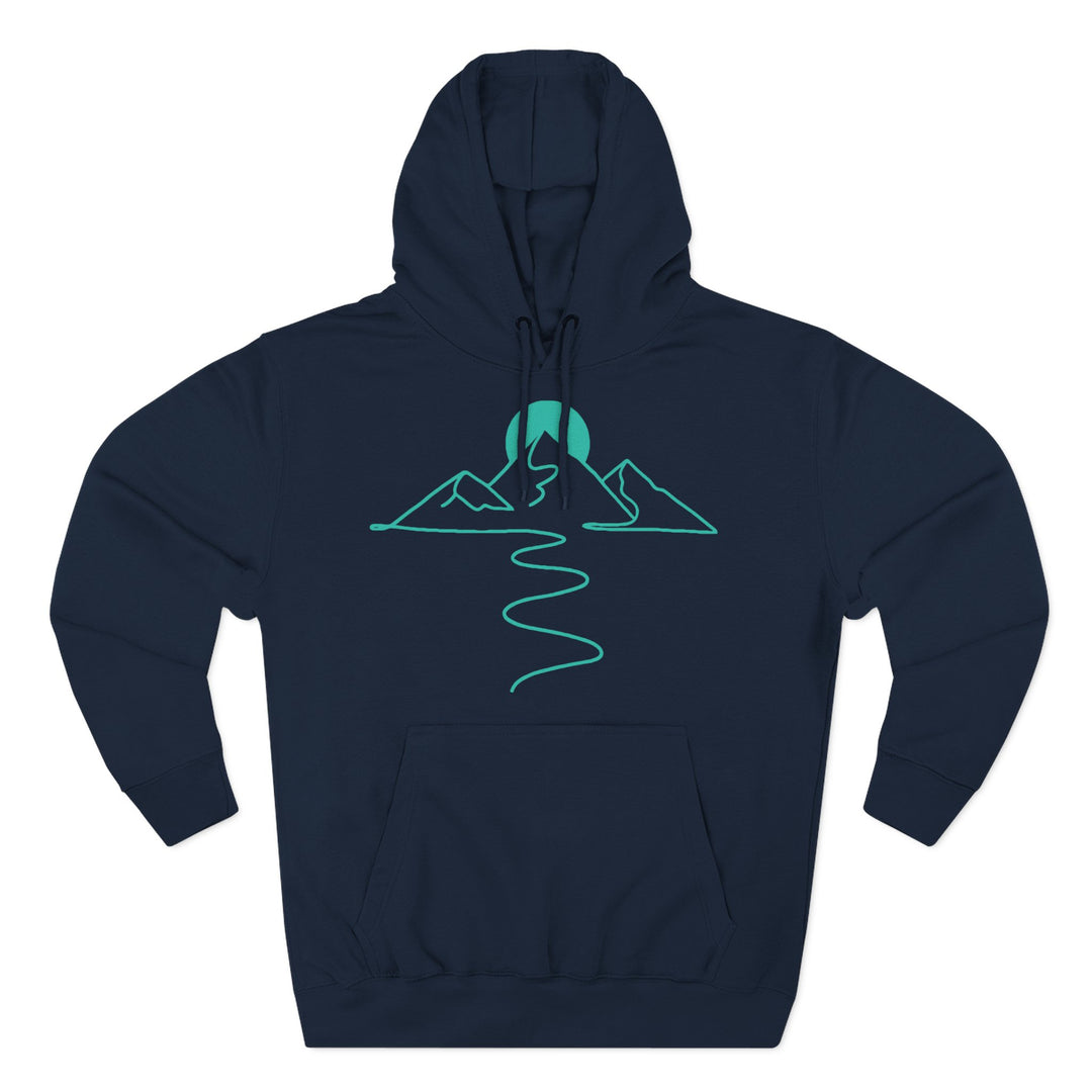 Navy blue hoodie by S&amp;W Gallus with a minimalist line drawing of mountains and a river in turquoise.