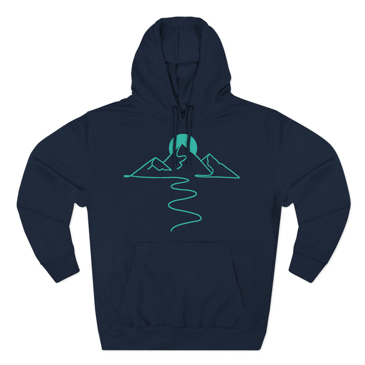 Navy blue hoodie by S&amp;W Gallus with a minimalist line drawing of mountains and a river in turquoise.