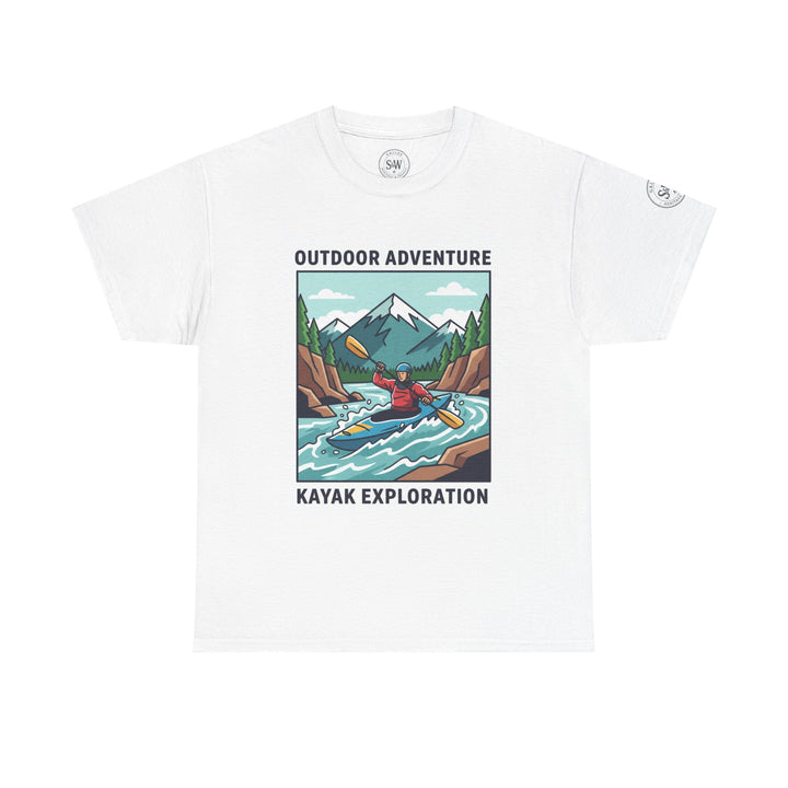 White Kayak Exploration T-shirt by S&amp;W Gallus with a colorful outdoor graphic.
