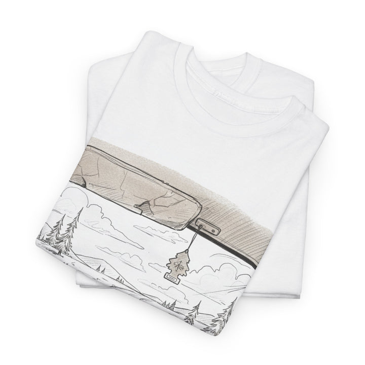 Scenic Drive Van Illustration Tee – soft cotton with a detailed van and landscape design. Perfect for road trips, outdoor adventures, and casual wear.