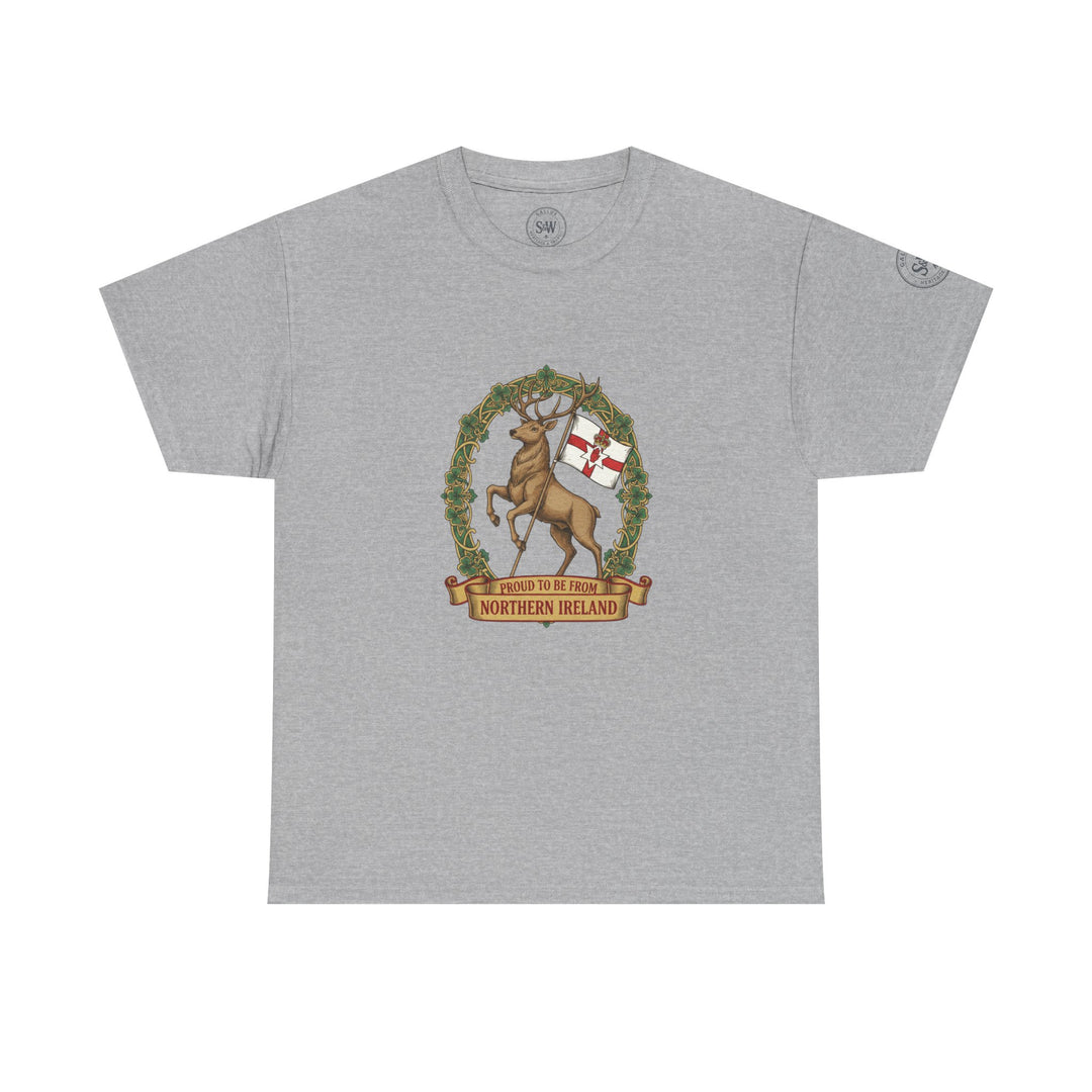 Gray t-shirt by S&amp;W Gallus featuring a stag crest design with the flag of Northern Ireland and ornamental banner.