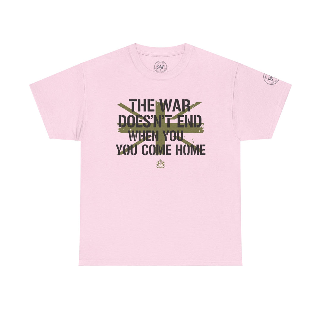 Pink t-shirt by S&amp;W Gallus with military-themed slogan and crossed-out text in stencil font.